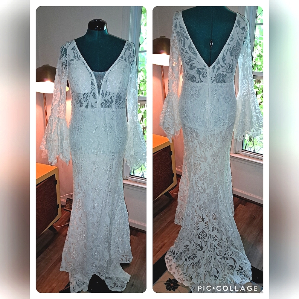 Stevie Nicks esque trumpet sleeve lace bohemian wedding dress size XL